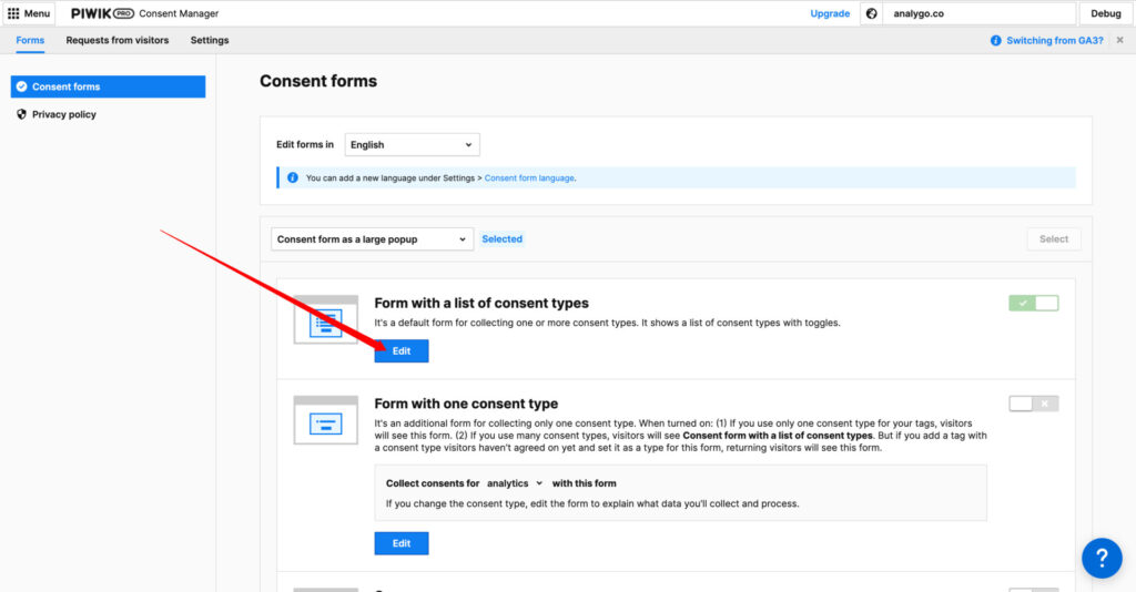 Consent forms in consent manager