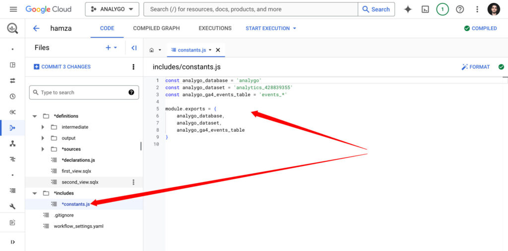 create dataform constants.js